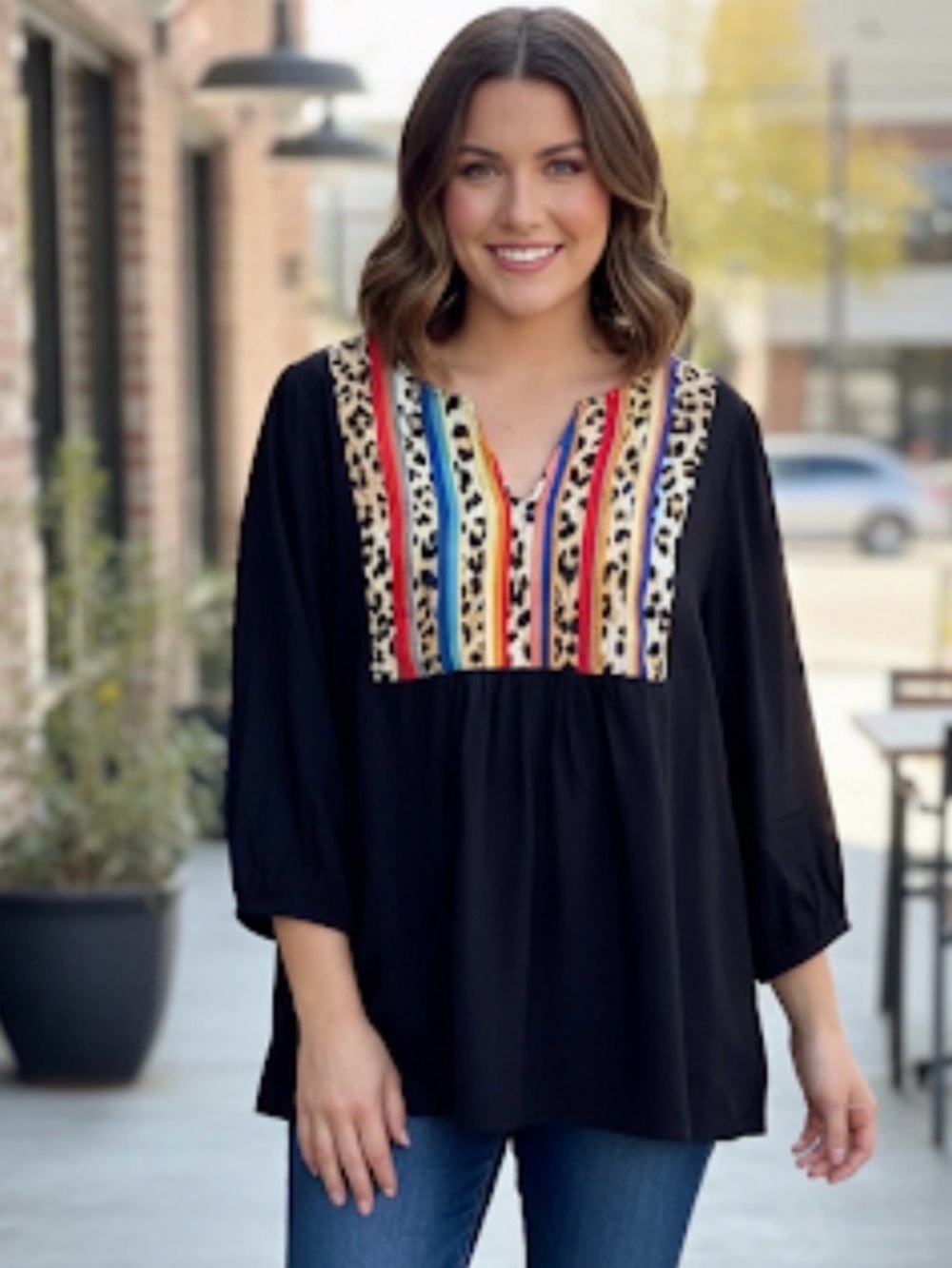 Savanna Jane Leopard Serape Embroidered Boho Blouse Top Black Plus 1X peasant
